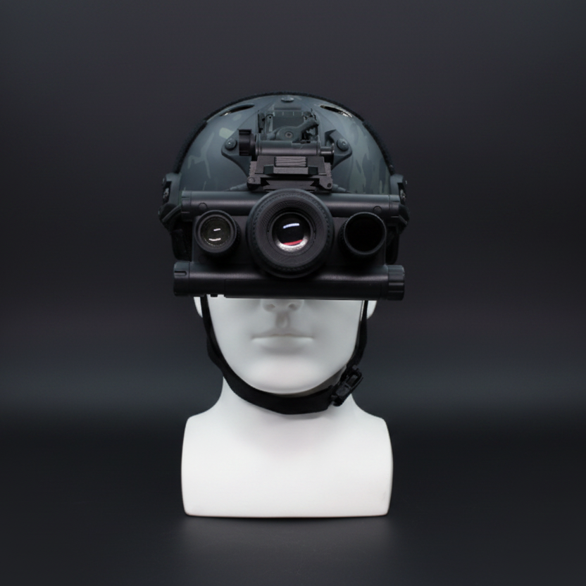 Black tactical helmet with mounted equipment on a white background
