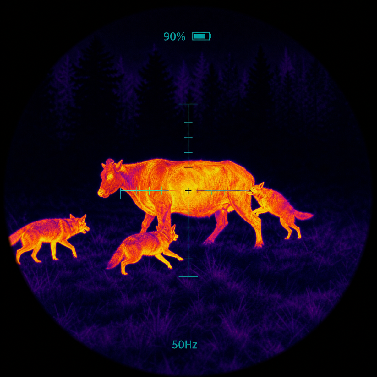 Thermal monocular display showing a deer glowing orange against a dark forest at night