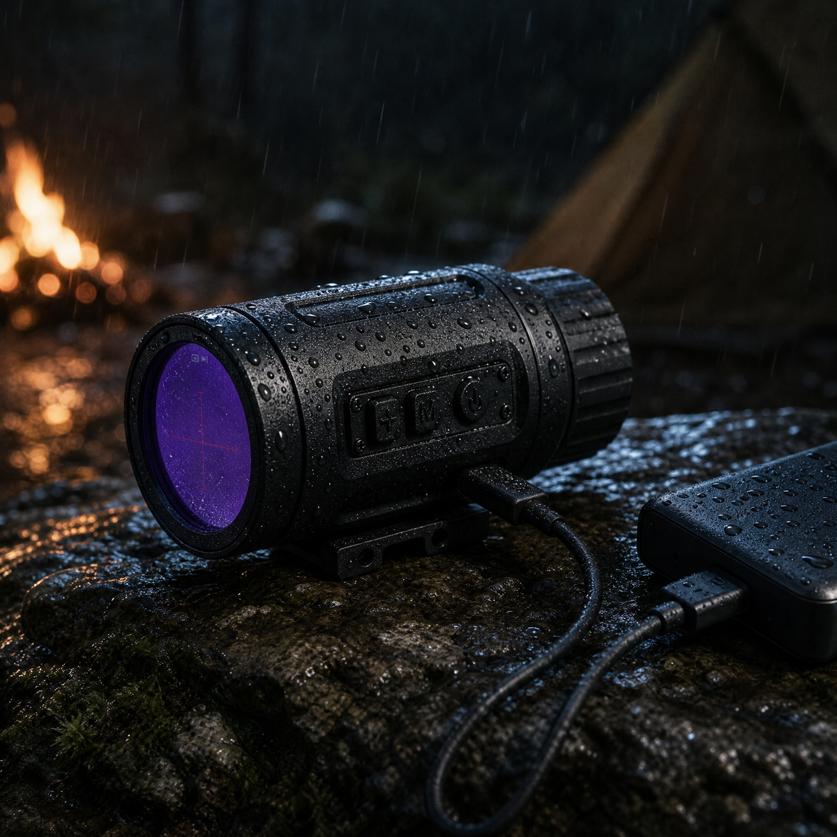 Weatherproof thermal monocular charging from a USB-C power bank in the rain at a campsite