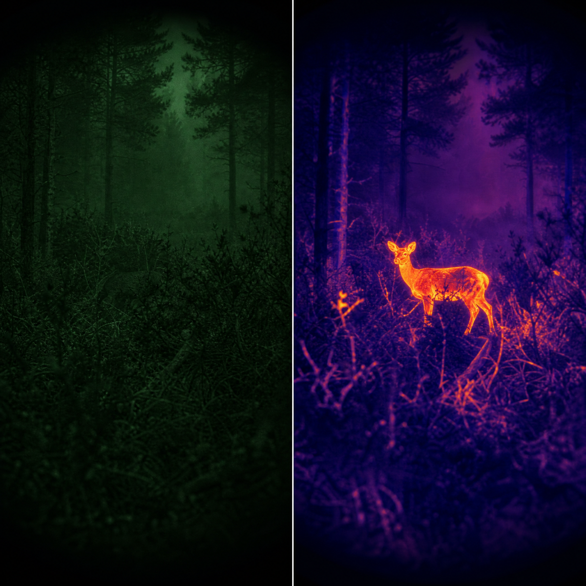 Thermal view revealing a warm animal partly hidden behind brush where the naked eye sees only shadow