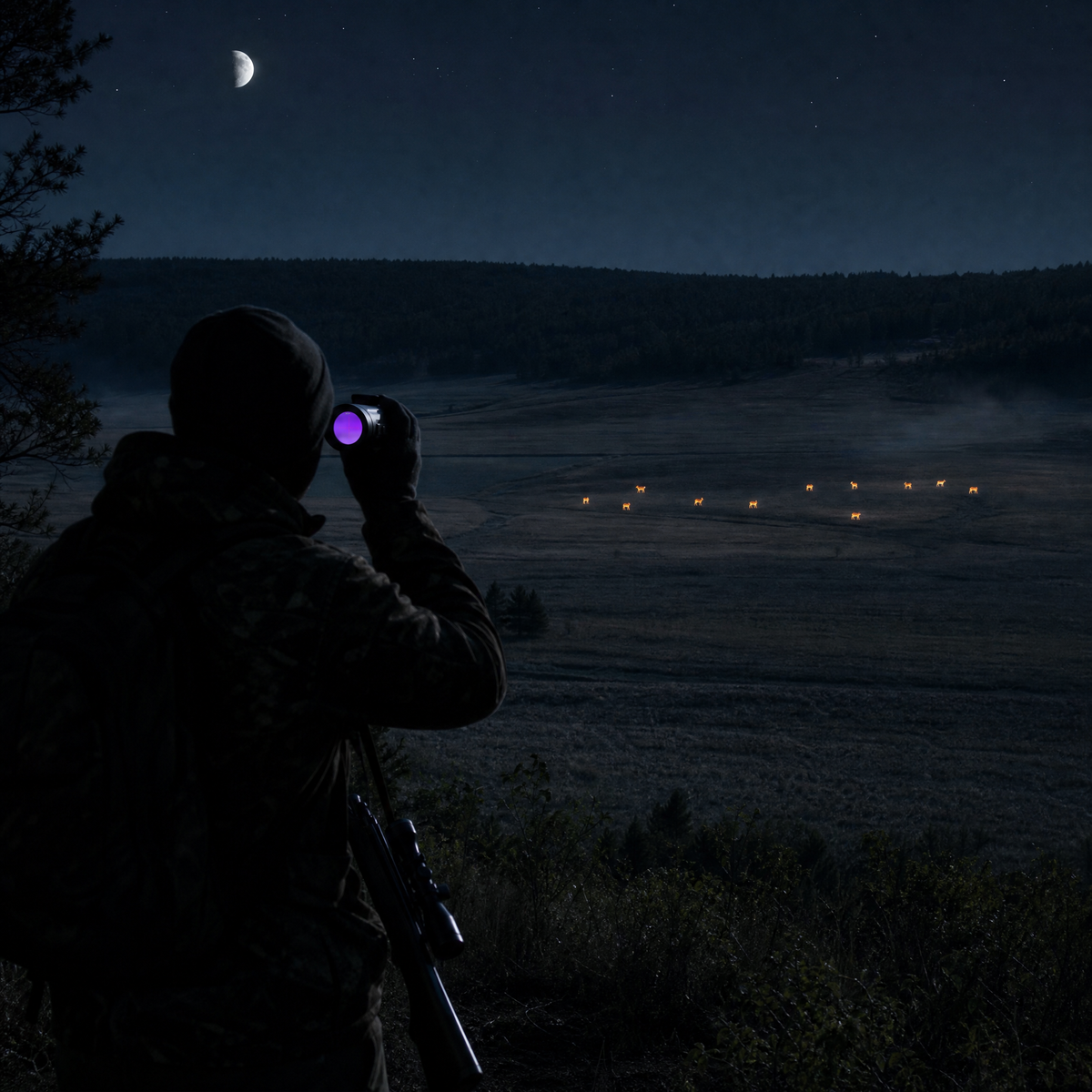 Hunter scanning a distant tree line across an open field at night with a handheld thermal monocular