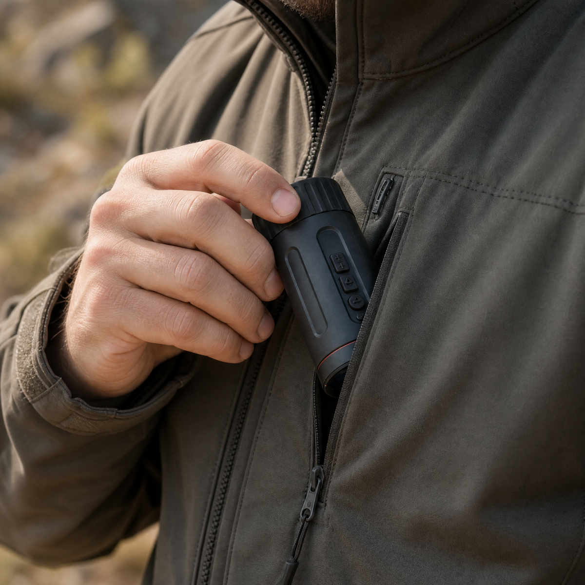 Compact 248-gram thermal monocular held in one hand to show its pocket-sized scale