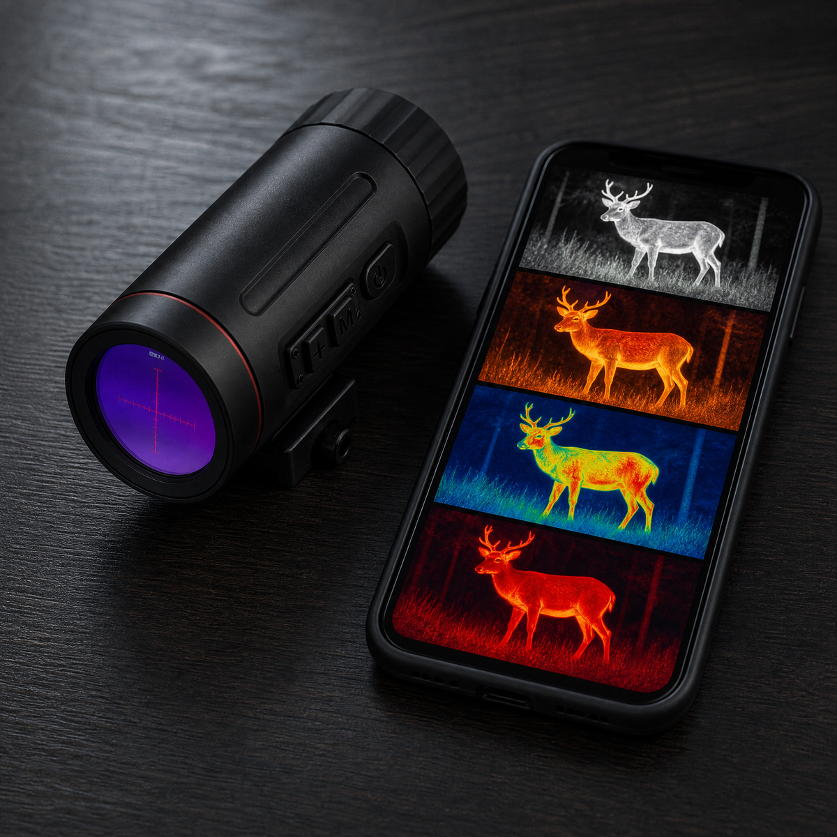 Recorded thermal footage of a deer shown in an orange-and-blue color palette on the monocular screen