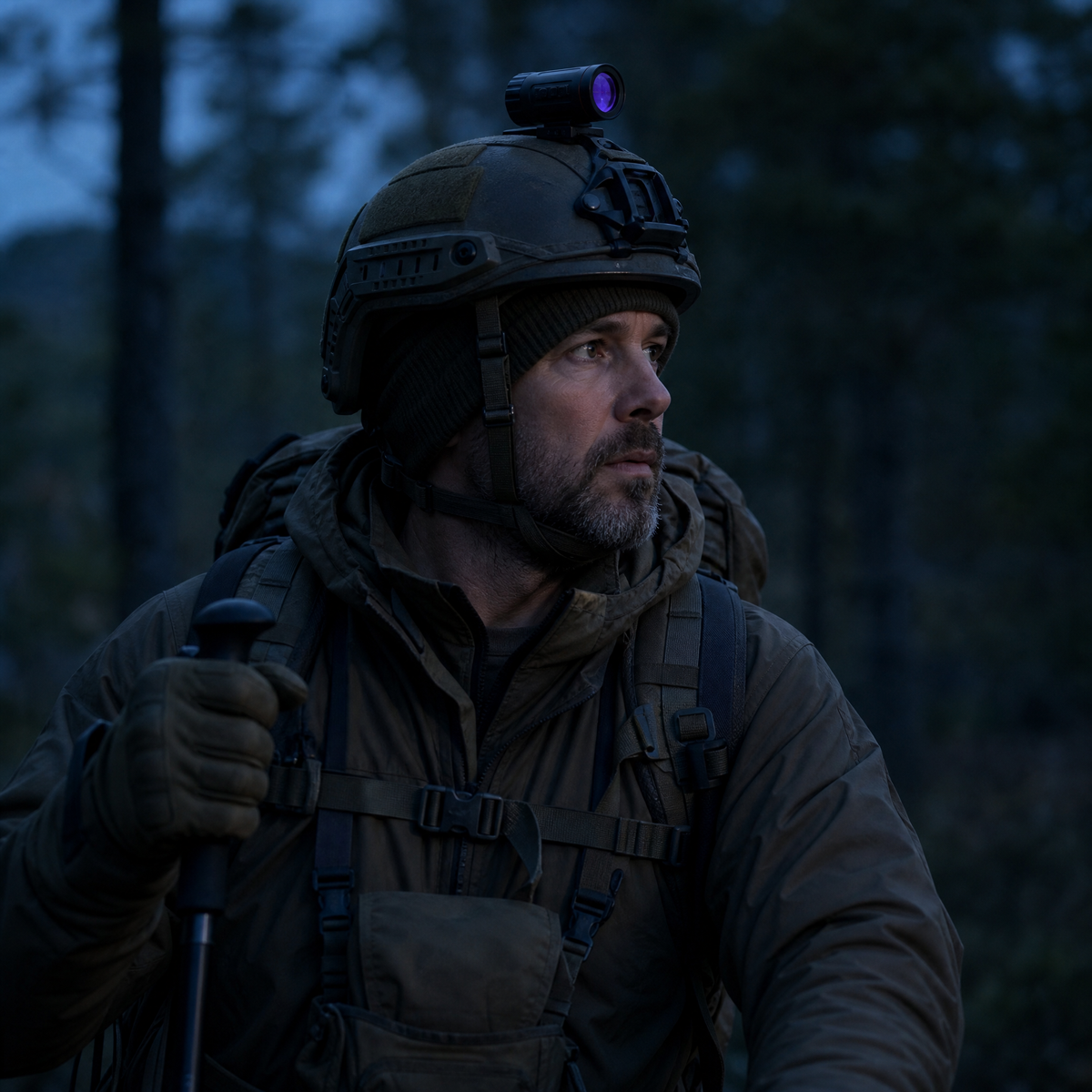 Outdoors person using a thermal monocular to scan a field and tree line on their property at night