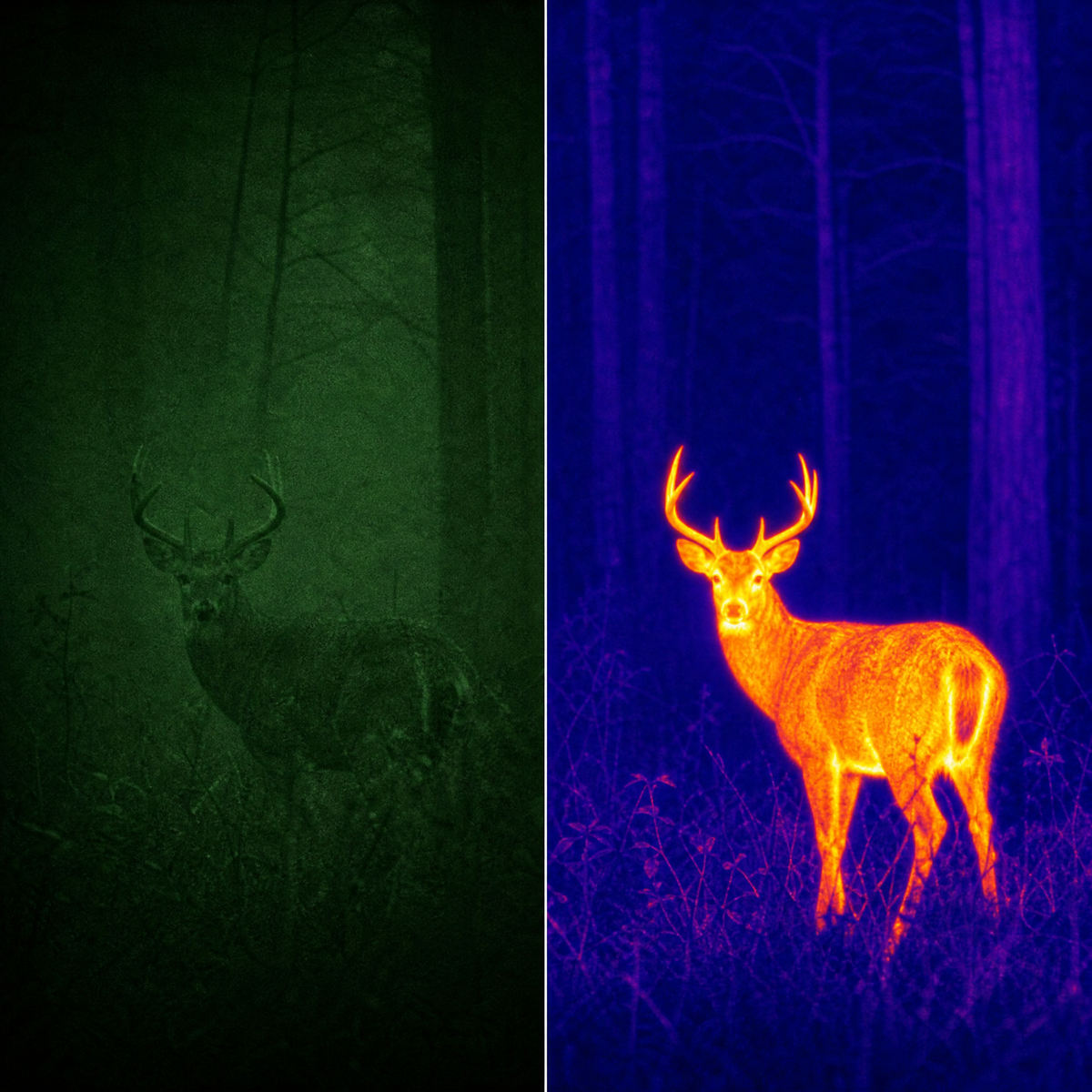Side-by-side comparison: a dim green night-vision view of dark woods versus a thermal view clearly showing a glowing deer